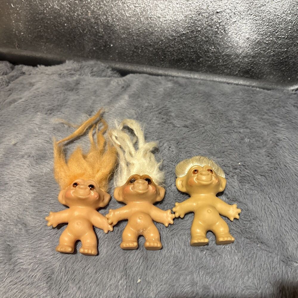 Vintage 3" Troll Dolls Lot Of 3 (2 Marked DAM) Amber Glass Eyes Bug Eyes Orange